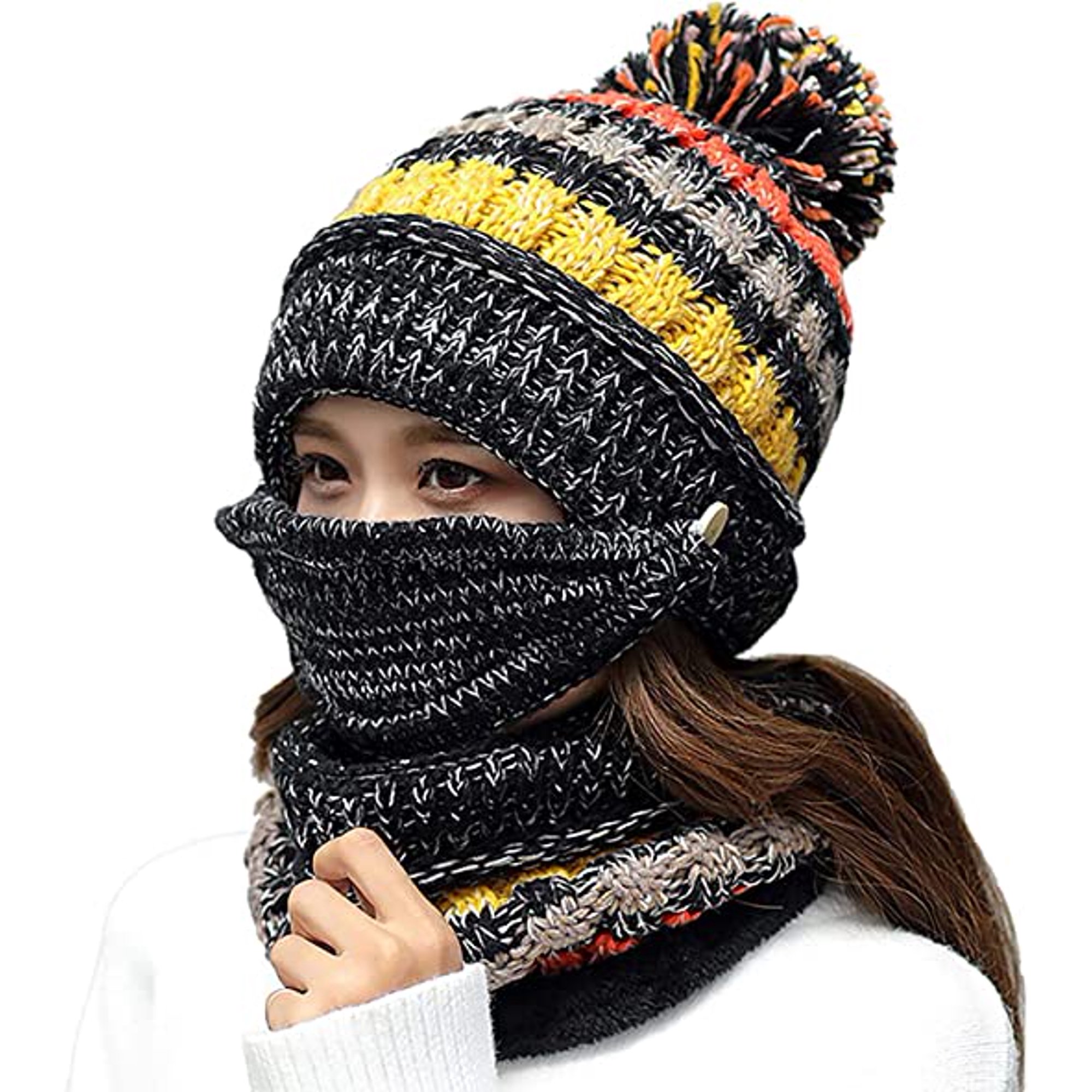 Gorros de invierno con forro polar para mujer, gorro de punto, bufanda,  máscara, cálido y suave, gorro de calavera suave con pompón, gris JAMW  Sencillez