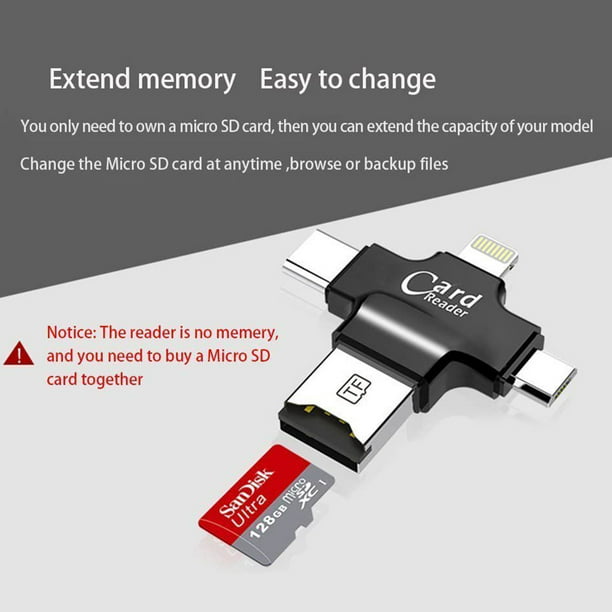 Adaptador de tarjeta TF Micro SD 4 en 1 Asistente de expansión de memoria  de almacenamiento externo con tipo C, Micro USB, USB 2.0, conector  Lightning para iPhone/iPad/Android/Mac/PC Zhivalor 2034023-1