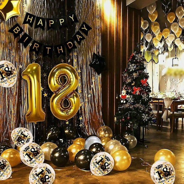 Liangnv Decoración de fiesta de cumpleaños número 18 en oro negro, pancarta  de feliz cumpleaños, globo de aluminio número 18, cortina de 2 flecos,  globo de confeti de látex, mesa YONGSHENG 8390615299374