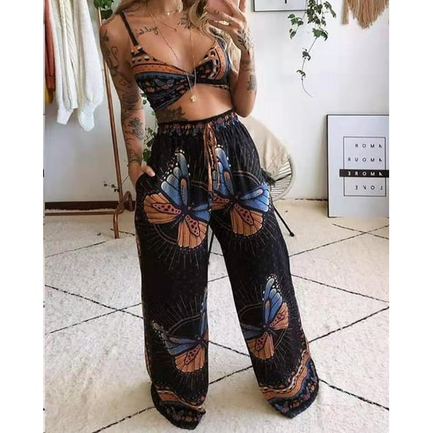 Conjunto de pantalones anchos de manga larga con estampado de leopardo y  cuello en V para mujer, conjunto de 2 piezas, monos BANYUO Electrónica