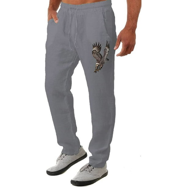 Pantalones casuales de lino para hombre, color liso, estampado de pájaros,  ligeros, sueltos, cintura baja, elásticos, con cordón, para playa, yoga  Gris XL Gris XL Xishao ropa