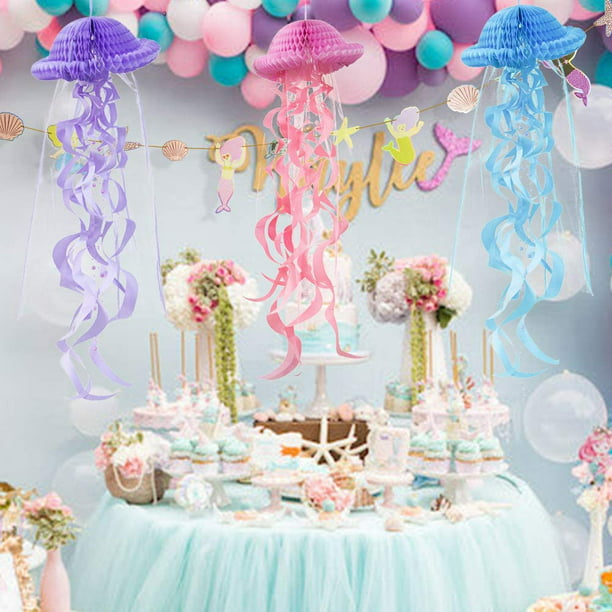 Tema de sirena de papel Decoración de fiesta de cumpleaños Sirena colgante  Banner Garland Cake Topper Jelly Fish Honeycomb Under the Sea Party  Supplies Zhivalor HMHZ669