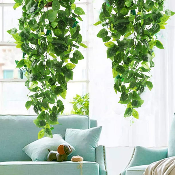 4 plantas colgantes artificiales de 3.6 pies, hojas de hiedra falsas para  patio, hogar, dormitorio, boda, decoración de pared interior y exterior