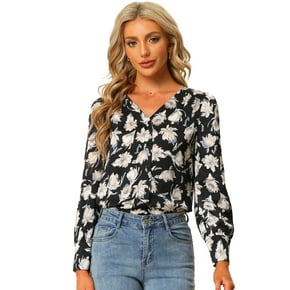 Blusa de satén floral para mujer Blusas de manga larga con botones y cuello en V Negro S Allegra K Blusa