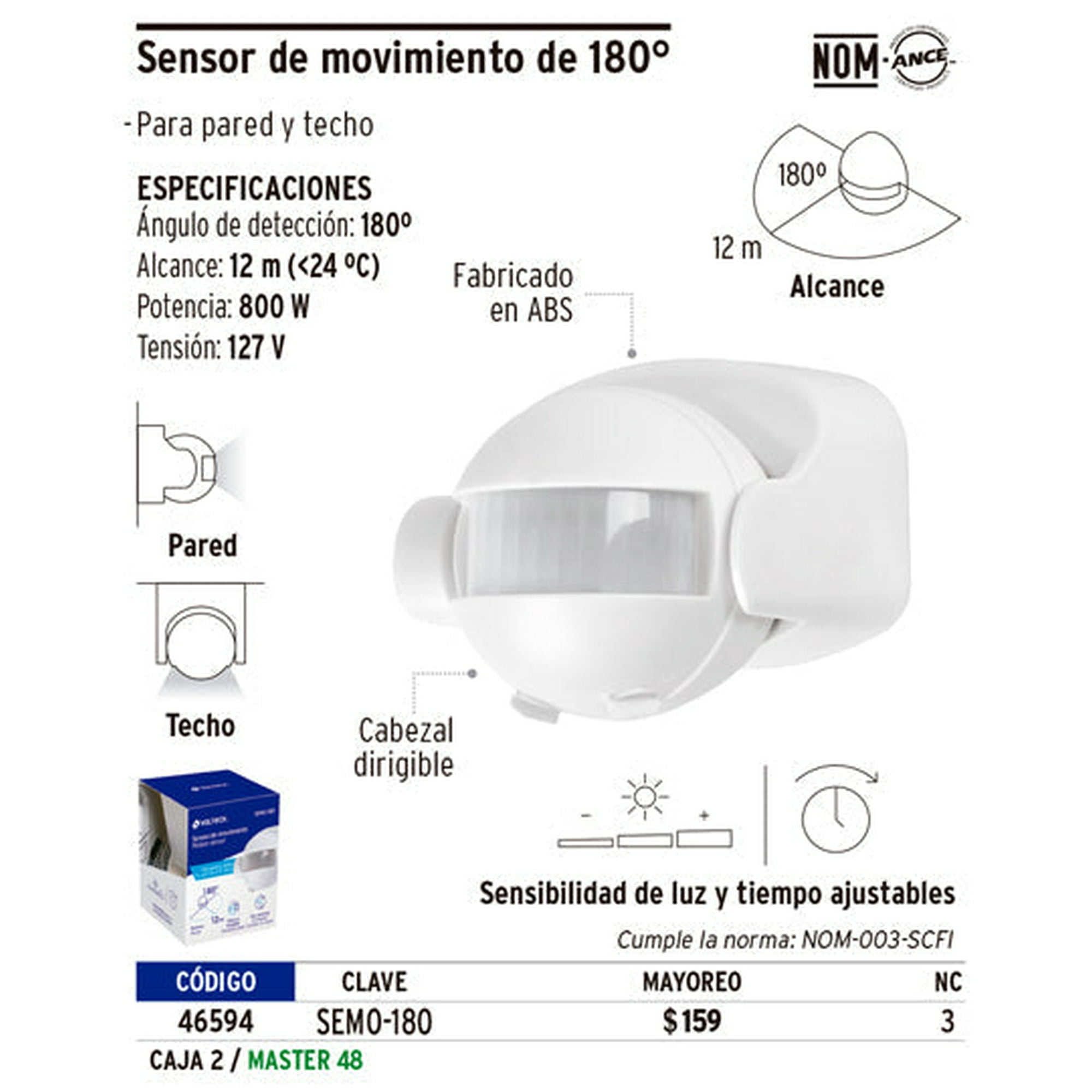 Sensor de movimiento de 180° para pared y techo, Volteck, Sensores De  Movimiento, 46594