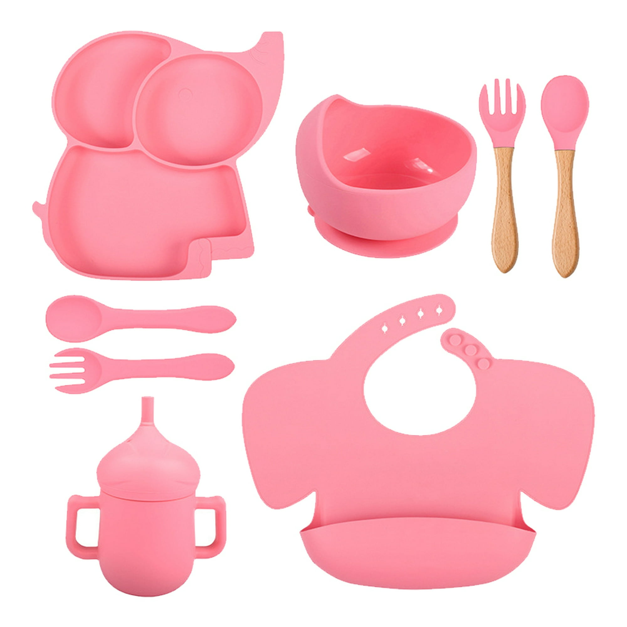 Babero De Silicona, Platos, Cuchara, Tenedor, Color Rosa Para Bebé