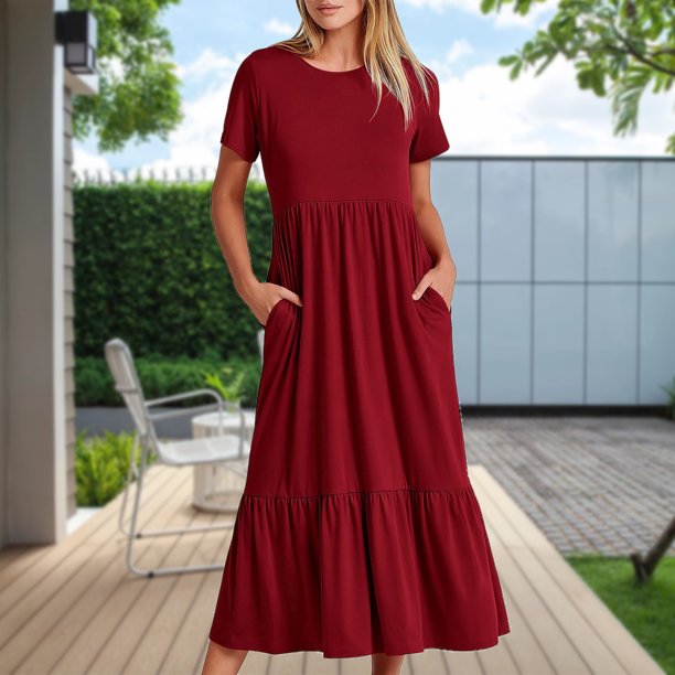 Vestido Plisado De Mujer Vestido plisado de mujer con cuello redondo y gran  columpio con bolsillos (rojo vino M) Cgtredaw para Mujer Vino rojo T M