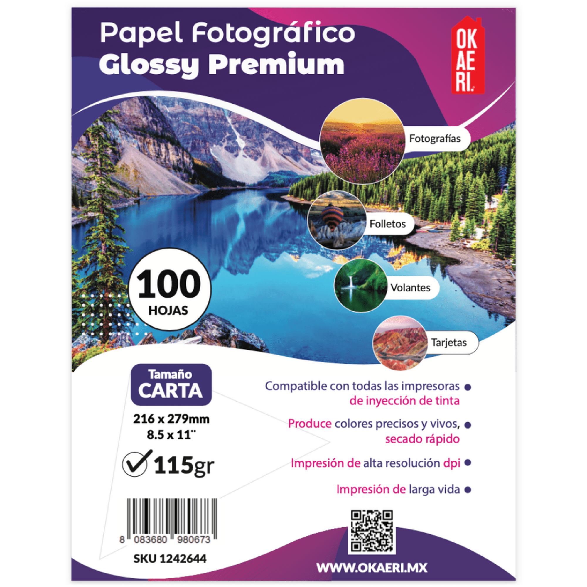 Papel fotográfico carta 100 hojas brillante 115g foto glossy blanco okaeri