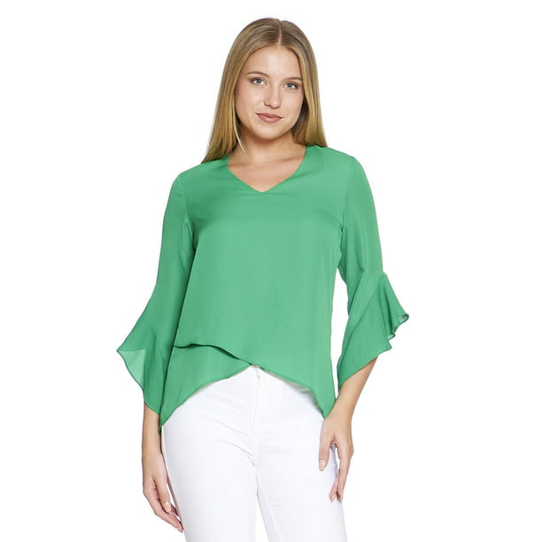 Blusa Para Mujer Corte Asimetrico Manga 3/4 Con Olanes Cuello V Color Verde 550410 verde M 550410 | Walmart en línea