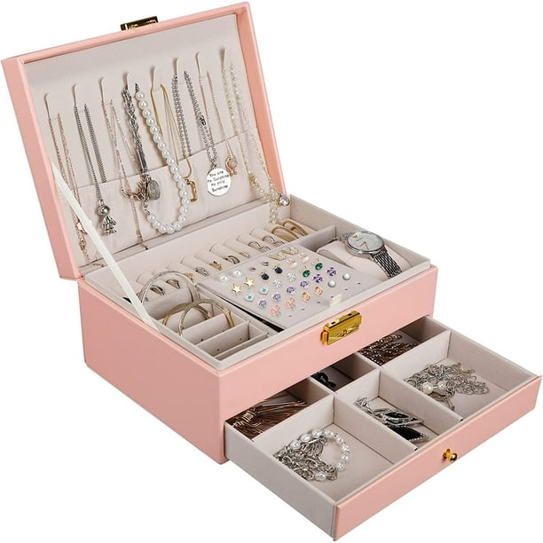 TORIBIO Joyero organizador de joyas con espejo, estuche de almacenamiento  de joyas de piel sintética para niñas/mujeres/madres, collar y aretes