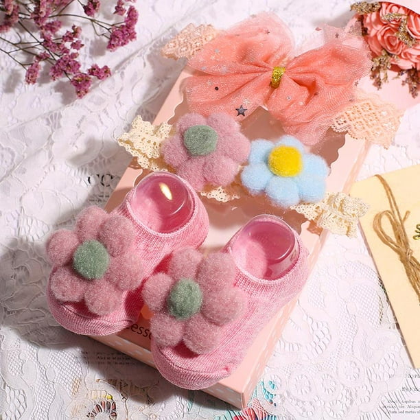 3 Unids/Set Cute Pompom Recién Nacido Calcetines Conjunto De Diademas  Antideslizante Encaje Lazo Flor Bebé Niñas 0-3 Meses