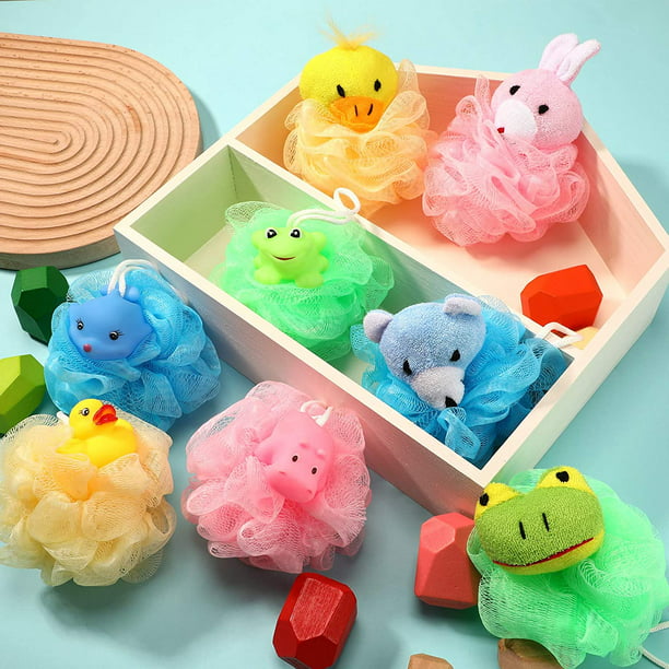 8 piezas de esponjas de baño de animales para niños, puf de baño de malla,  esponjas de baño de dibujos animados coloridos, bola de ducha corporal,  esponja de spa para niños (estilo