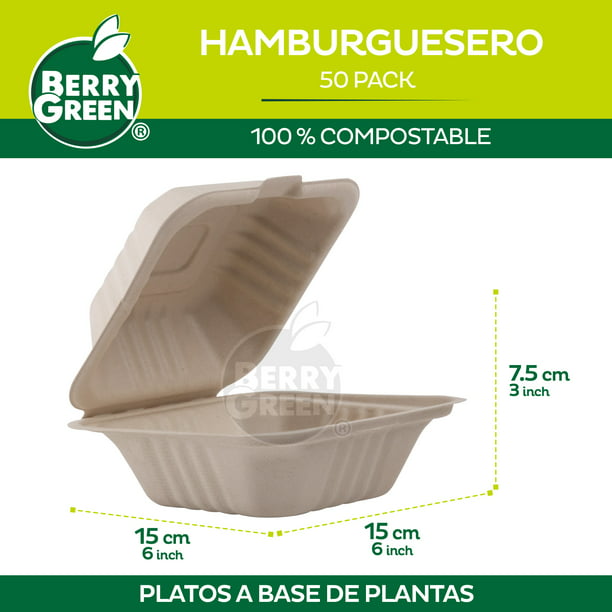 50 Platos Hamburgueseros Ecologicos 15.2 cm / 6 x 6 Pulgadas Berry Green  CAJ6N