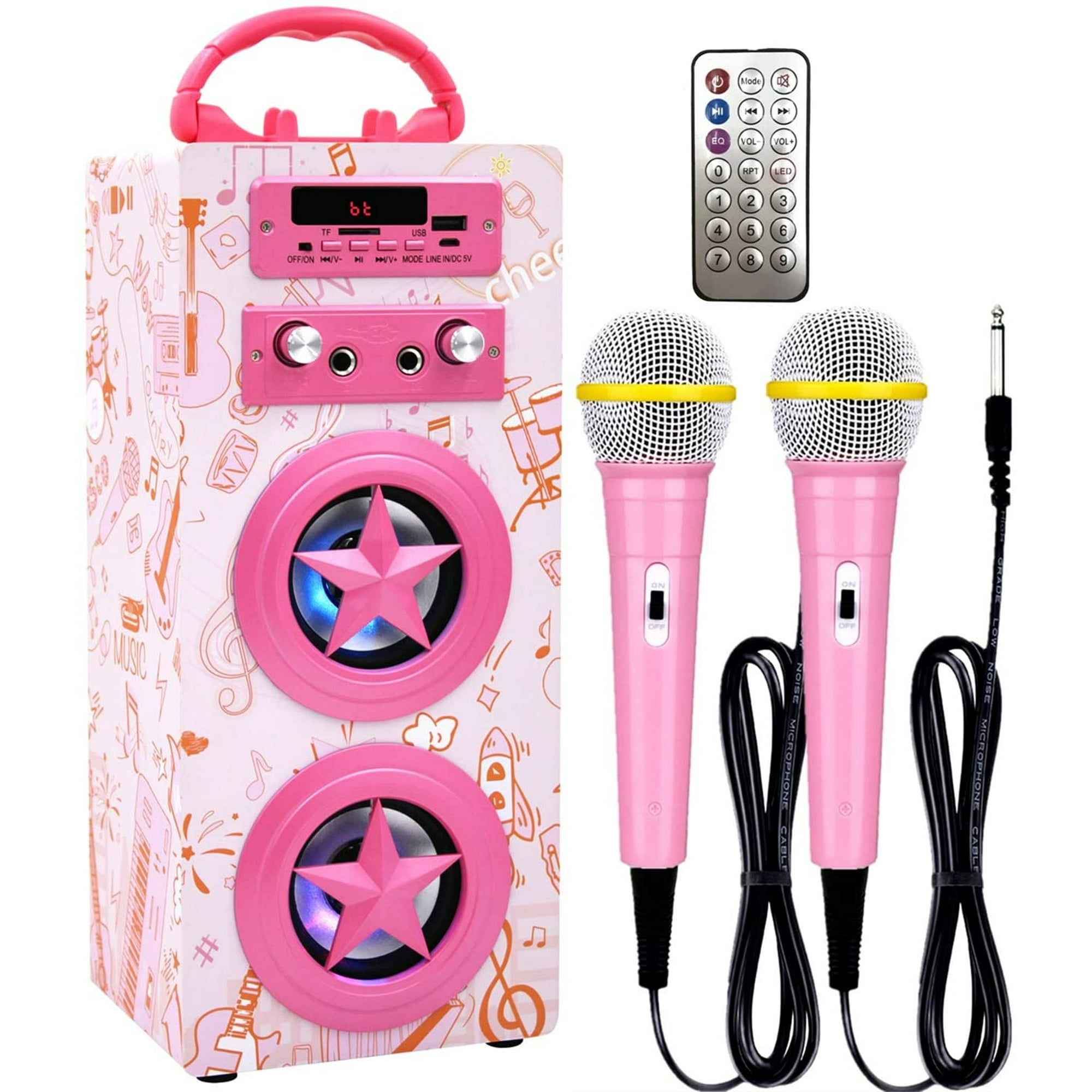  Juego de micrófonos con altavoz, estéreo HD, cambio de sonido,  volumen ajustable, recargable, de larga distancia, mini máquina de karaoke  portátil para niños para exteriores (rosa) : Instrumentos Musicales