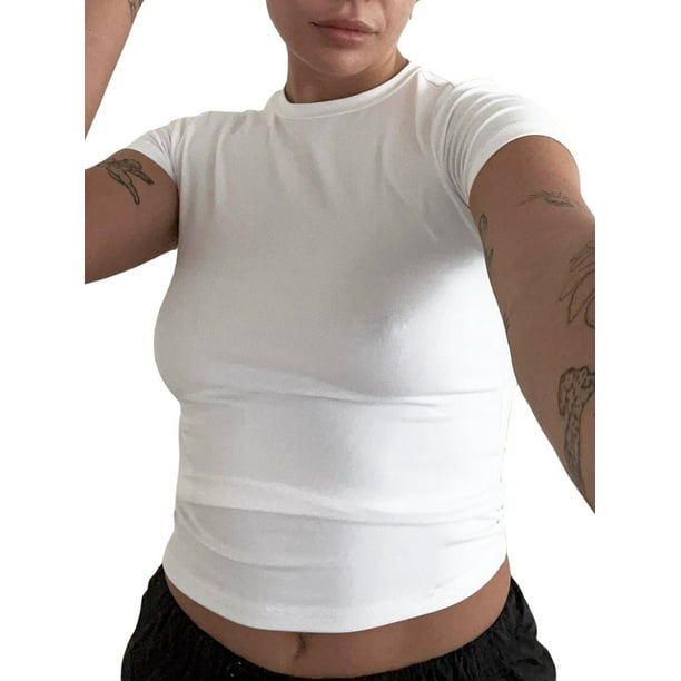 Camiseta blanca de manga corta para mujer, camiseta básica de fondo para  primavera y verano, color sólido, color negro, delgada para mujer (color