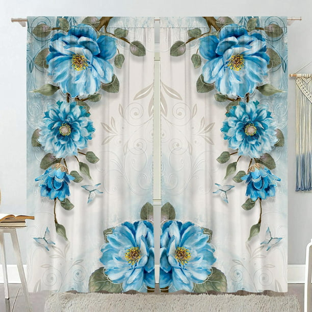 Elegantes cortinas de cocina con estampado de flores azules, cenefa con  bolsillo para barra, paneles de cortina para dormitorio, sala de estar,  baño