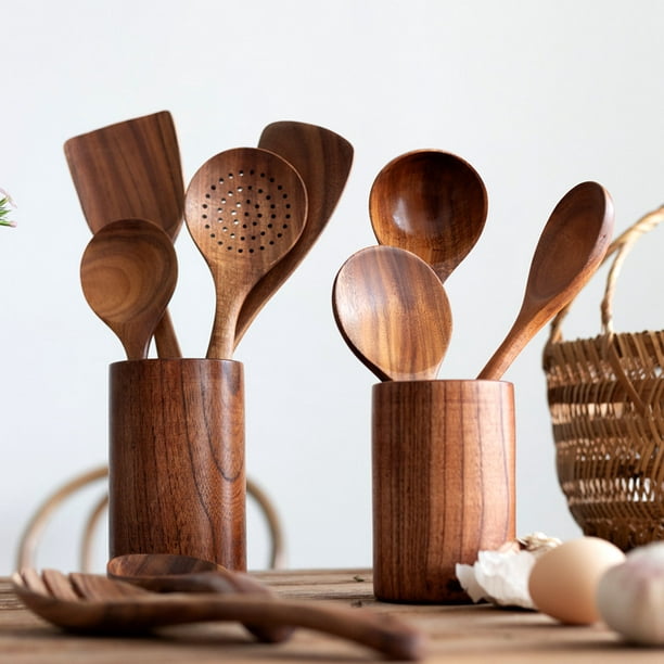  Mooues 9 cucharas de madera para cocinar, utensilios de madera  para cocinar con soporte para utensilios, juego de utensilios de cocina de  madera de teca natural con soporte de cuchara de