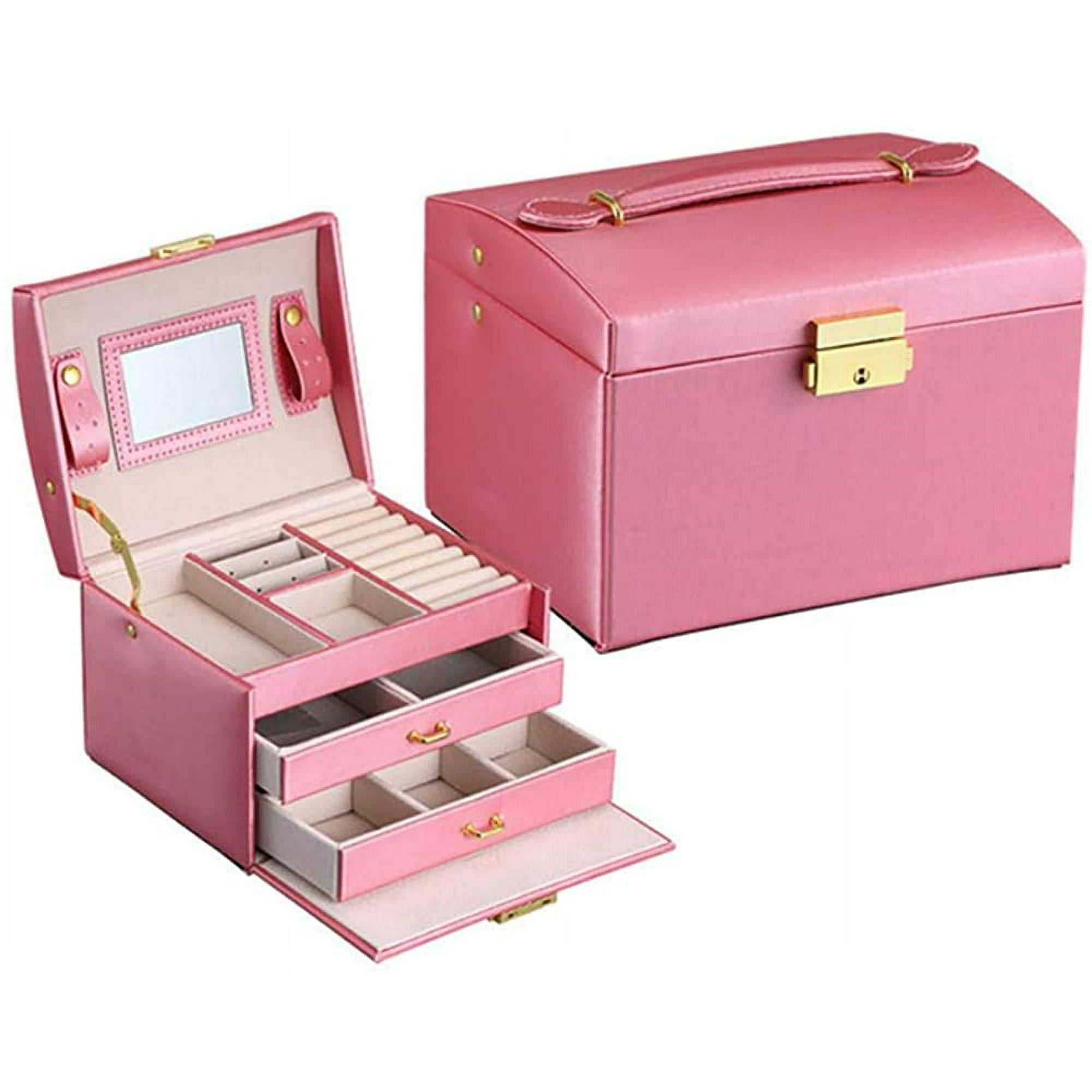 Joyero rosa con 2 cajones, organizador de joyas con cerradura y espejo,  caja de viaje extraíble