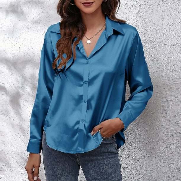 Modernización bofetada jurar Camisa de satén sólido para mujer Camisas casuales con botones de manga  larga MABOTO Azul/XL | Walmart en línea