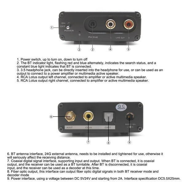 Receptor SQ1 BT, decodificador, amplificador de potencia, salida de  auriculares, salida RCA, salida de señal de Audio óptica Coaxial