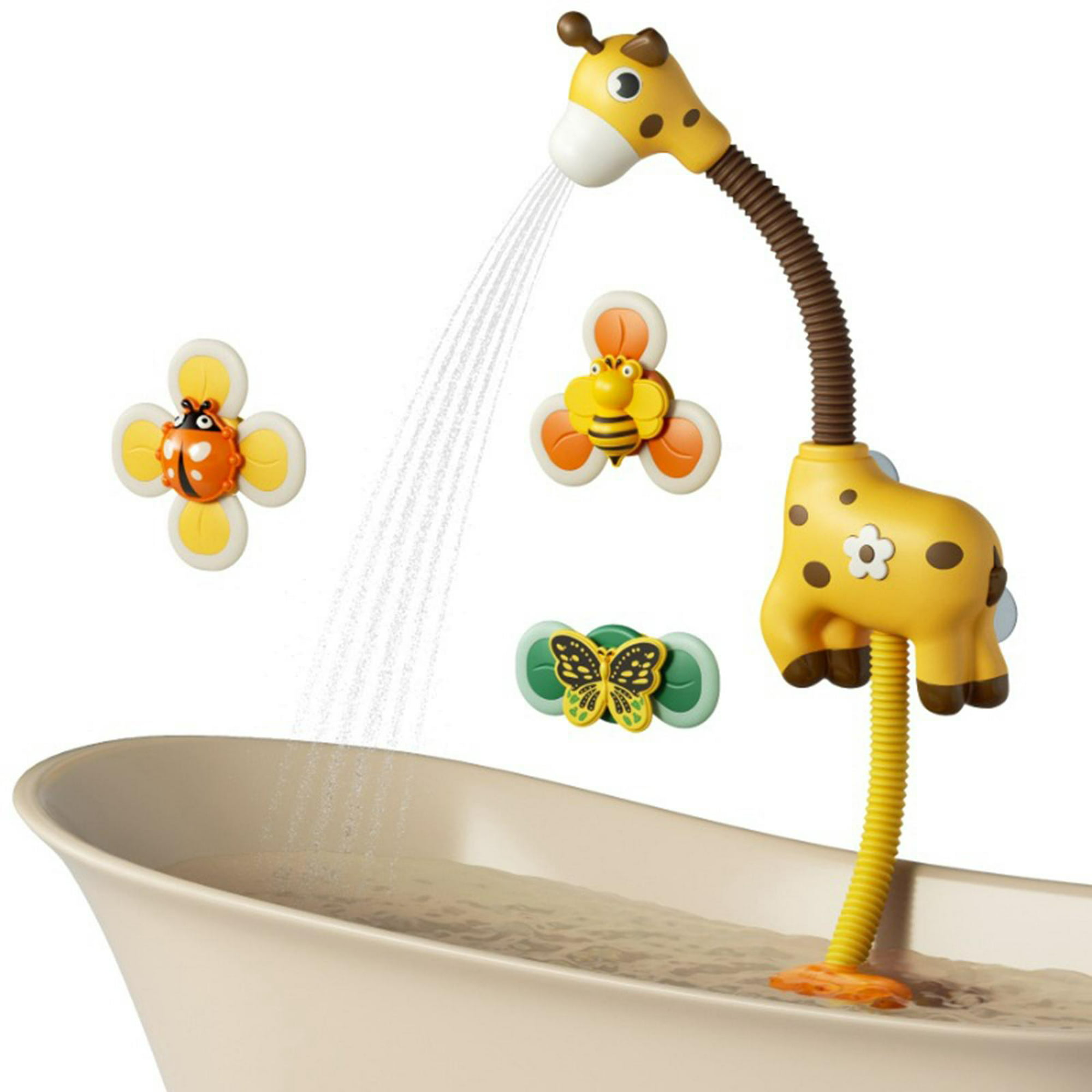  TUMAMA Juguete de bañera para bebé con cabezal de ducha y 3  juguetes giratorios de succión, grifo de ducha de chorro de agua de jirafa  y bomba de agua, esenciales de