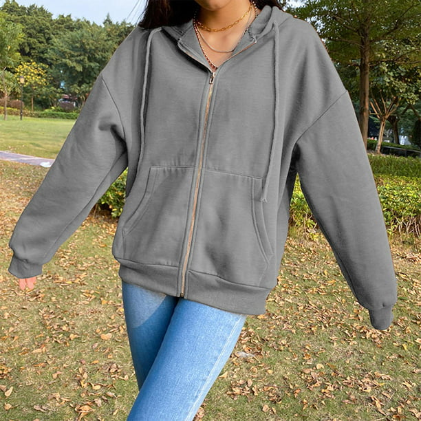 Sudaderas con capucha para mujer, con cremallera completa, chaqueta de  otoño de gran tamaño, casual, con cordón y bolsillos