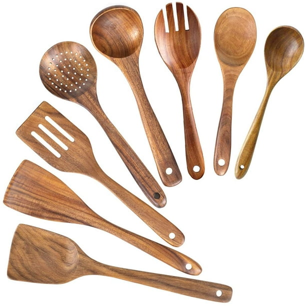ADLORYEA - Cucharas de madera para cocinar, juego de utensilios de cocina  de madera de teca natural, juego de utensilios de cocina antiadherentes, 7
