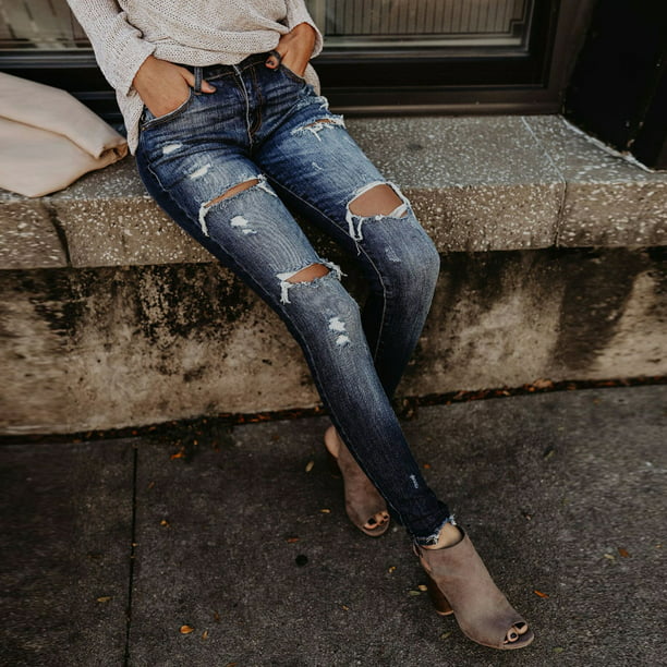 Puntoco - Pantalones vaqueros de cintura alta para mujer, con agujeros,  ajustados, elásticos, hasta la pantorrilla Puntoco Puntoco-3415