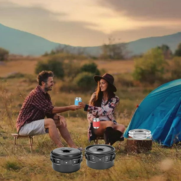 Batería de cocina de camping, tazas, platos y cubiertos