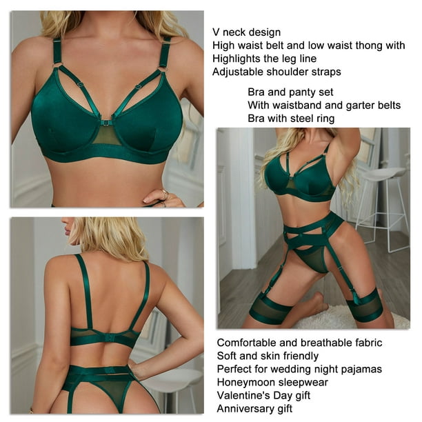 Conjunto de lencería de 4 piezas para mujer, cuello en V, brillante,  transpirable, conjunto de ropa interior con liguero (M-verde oscuro), Verde