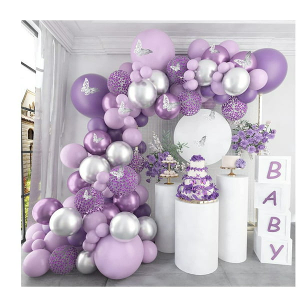 Decoraciones de baby shower para niña, 140 piezas, kit de guirnalda de  globos morados metálicos, arco de globo morado plateado, 12 pegatinas de  confeti de mariposa para decoraciones de cumpleaños, bo JAMW