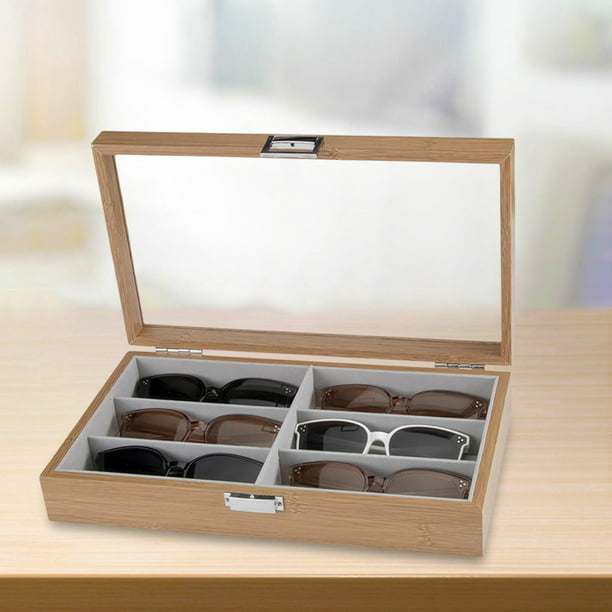 KAMIER Organizador de lentes de sol de cuero para coleccionista de gafas,  caja de almacenamiento, organizador de lentes de sol de madera de dos