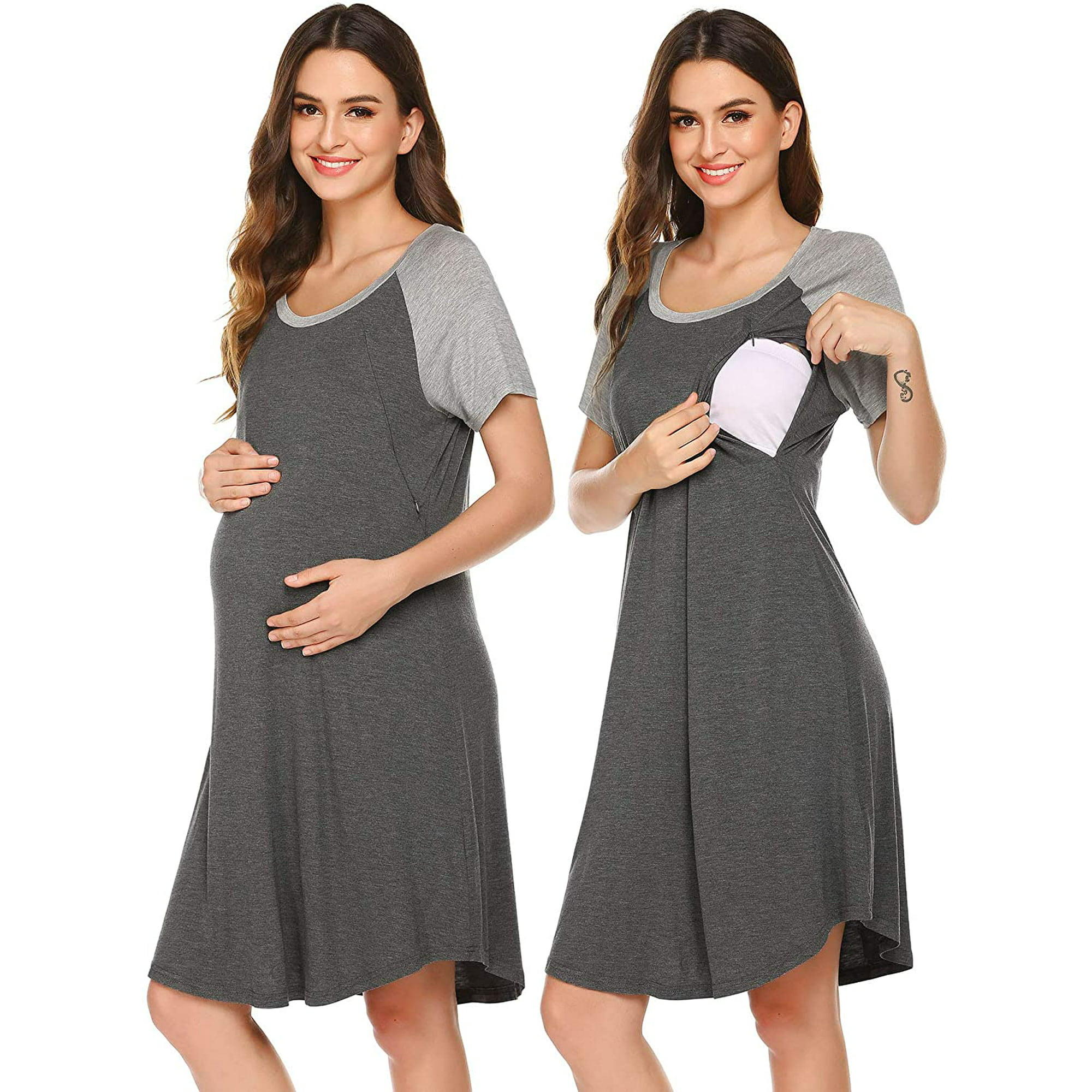 SWOMOG Camisón de maternidad plisado de manga corta para mujer 3 en 1 para  entrega/trabajo o lactancia, para lactancia materna
