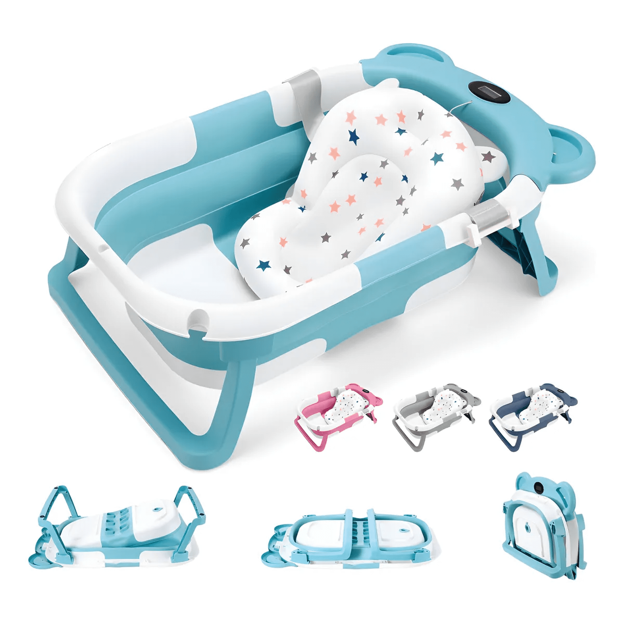 Bañera tina baño bebe plegable portátil con cojín termómetro xtellar azul