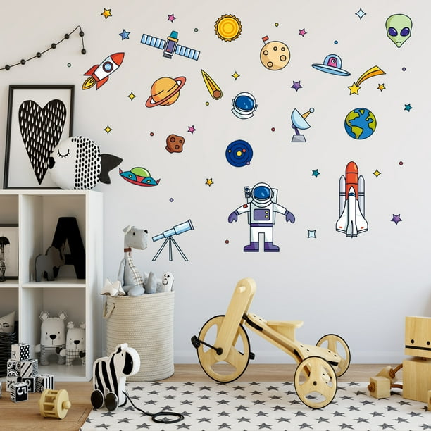 Pegatinas de pared 3D de dibujos animados, nave espacial, papel tapiz