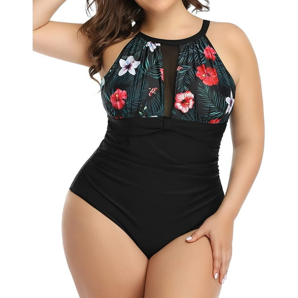 Traje de baño de talla grande para mujer, traje de baño de una pieza con  control de barriga, traje de baño de cuello alto, traje de baño fruncido