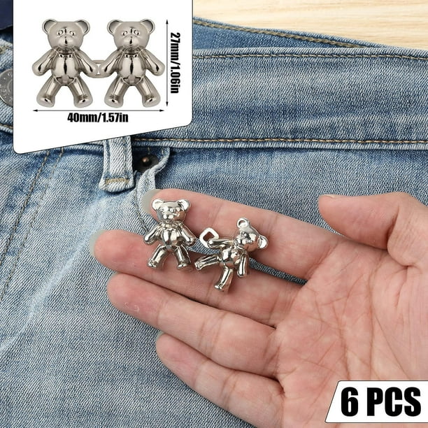 6 pares de alfileres de botones de jean para jeans sueltos, lindos  alfileres de botones de oso para jeans sin coser y sin herramientas,  sujetador de cintura de pantalón desmontable, hebilla de