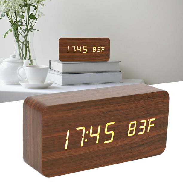 Reloj despertador Digital de madera LED, reloj electrónico de brillo de 3  niveles con pantalla de temperatura y humedad para dormitorio y oficina