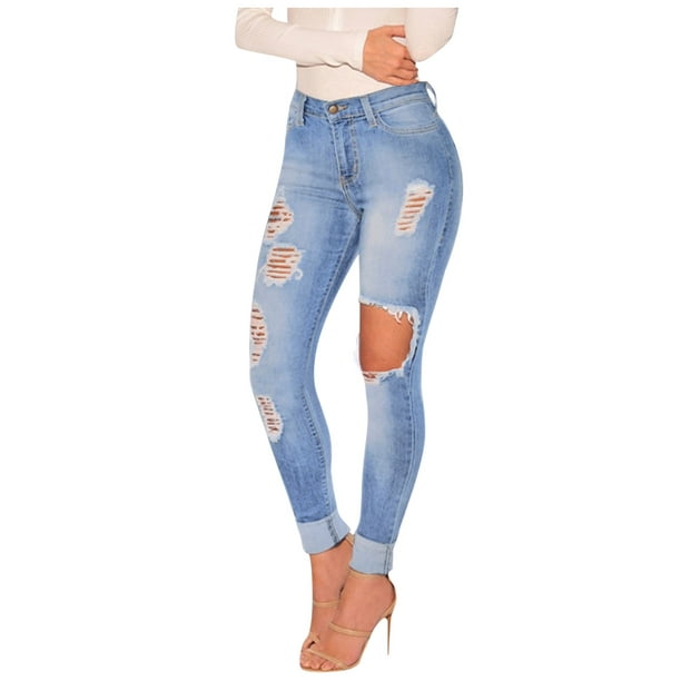 Gibobby Jeans mujer cintura alta Ripped Lift Stretch Jeans altos para mujer  Jeans Juniors para mujer Jeans desgastados de cintura para mujer(Azul,G)