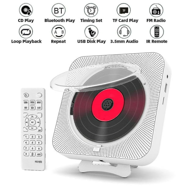  Reproductor de CD de pared, música de CD Bluetooth para montar  en pared, reproductor de audio en casa, reproductores de CD para el hogar,  con radio FM con control remoto, altavoces