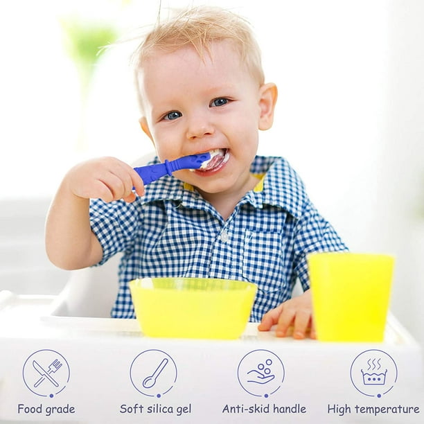 Juego de cucharas de bebé de silicona sin BPA para autoalimentación de  primera etapa, Paquete de 2 utensilios de precuchara