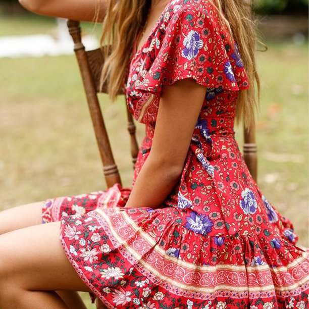 Vestido Corto Bohemio Vestido de verano para mujer Mini vestido floral  europeo para cóctel (rojo M) Ygjytge para Mujer Rojo T M