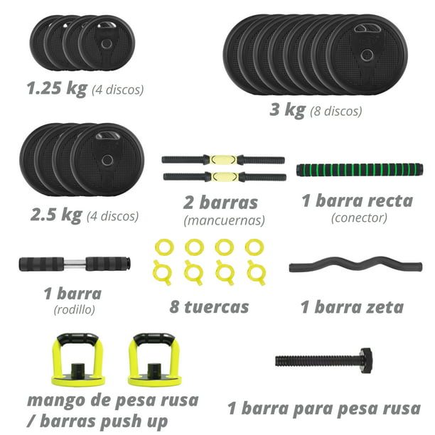 Mancuernas Altera Con 12 Discos Intercambiables Y Barra Conectora 30 Kg  Color Negro