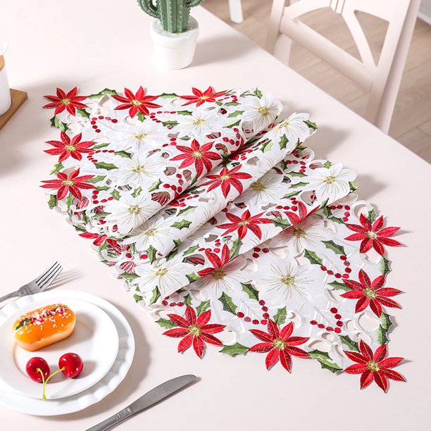 Caminos de mesa bordados de Navidad Poinsettia Holly Leaf Manteles para  decoraciones navideñas 15 x 69 pulgadas JAMW Sencillez