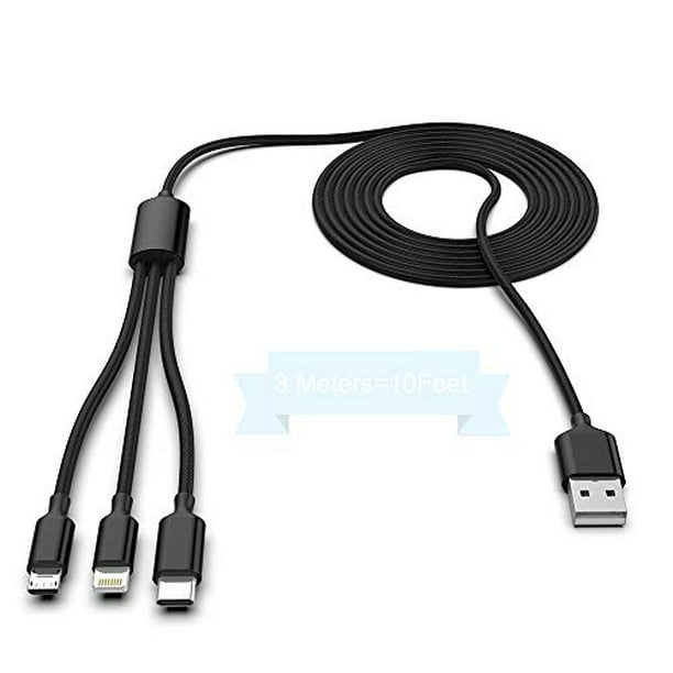 Cable de carga múltiple de 6 pies, cargador múltiple de nailon trenzado 3  en 1, cables de carga universales USB rápido con USB C/micro USB/puerto de