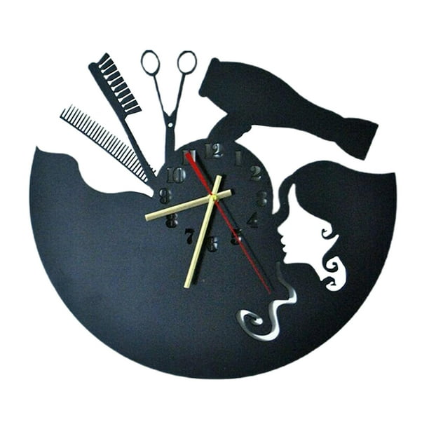 Barbería sin marco 3D DIY Relojes de pared estilista Peluquería Decoración  de salón Reloj efecto espejo (negro)