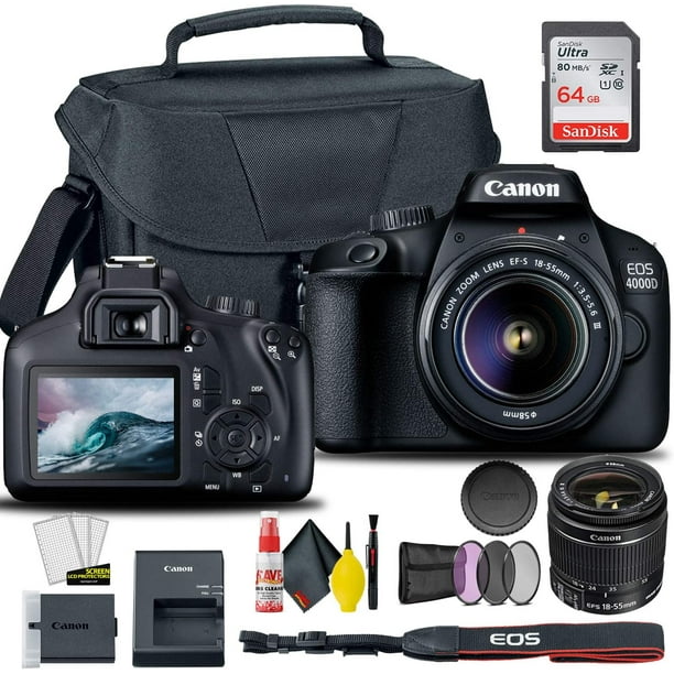 Cámara DSLR Canon EOS 4000D / Rebel T100 con lente de 18-55 mm + juego de  filtros, bolsa + tarjeta Sandisk Ultra de 64 GB + juego de limpieza 6AVE  (modelo internacional)