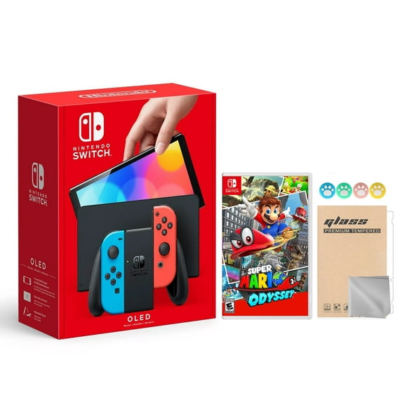 2021 new nintendo switch oled model neon red  blue joy con 64gb console hd screen  lanport dock with super mario odyssey and mytrix joystick caps  screen protector nintendo hegskabaa