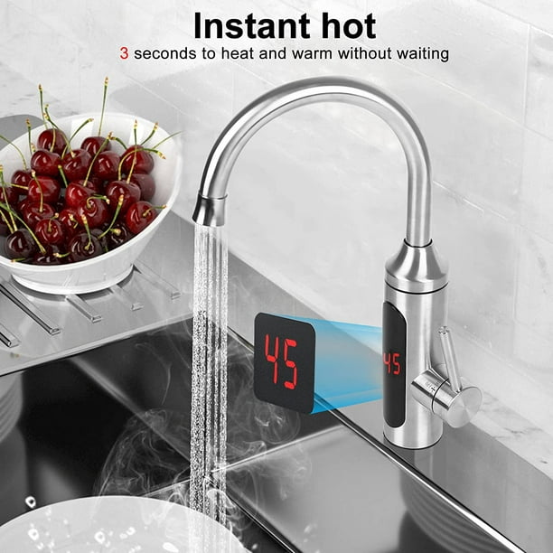  Grifo eléctrico de agua caliente instantáneo, grifo mezclador  de fregadero de cocina con pantalla digital, suministro de 360° de agua  fría y caliente, grifo de agua caliente de acero inoxidable de