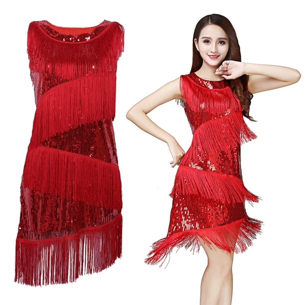 Vestido Traje de actuación de escenario con flecos Ropa Rojo Sunnimix  Vestido de baile latino para mujer